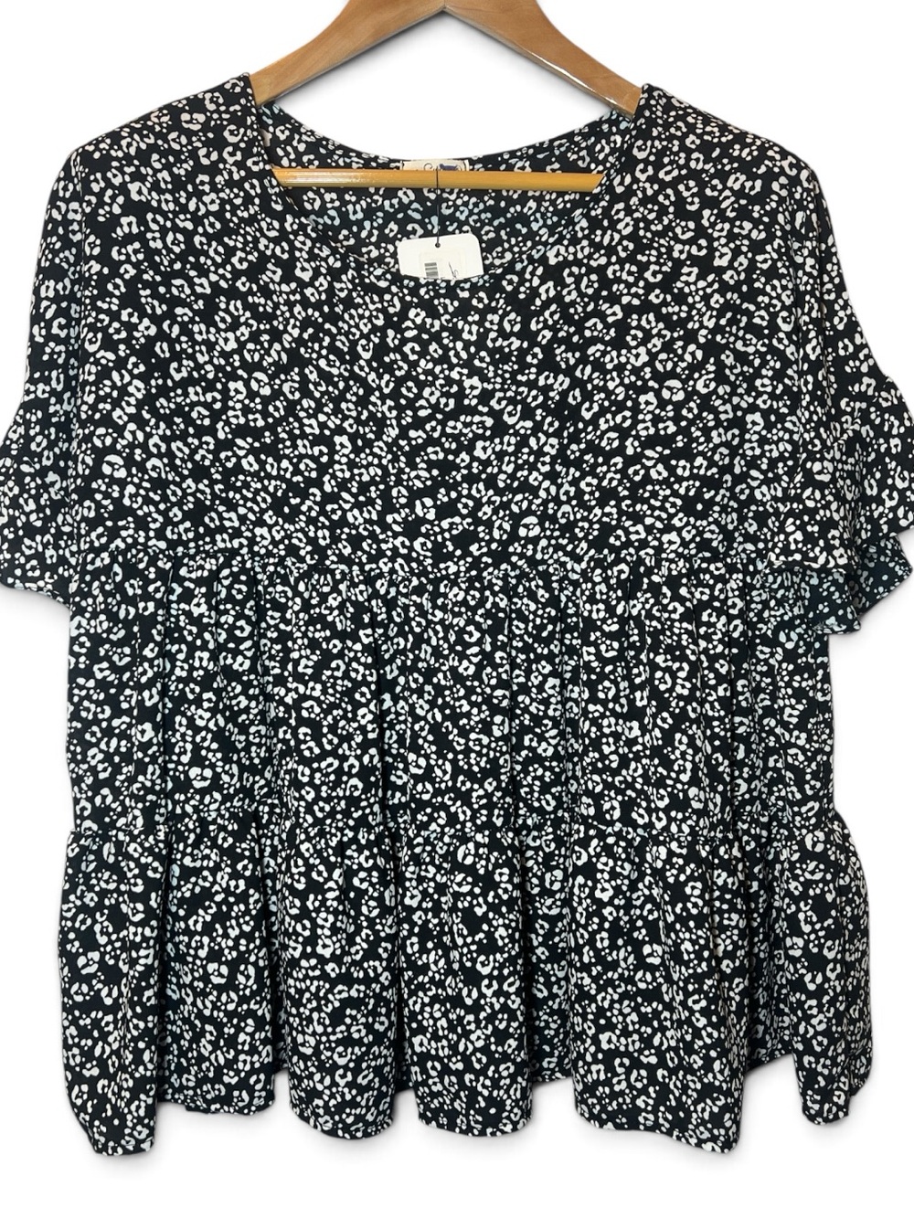 e. Luna Small Black White Leopard Print Tiered Babydoll Blouse Ruffle Sleeve USA
